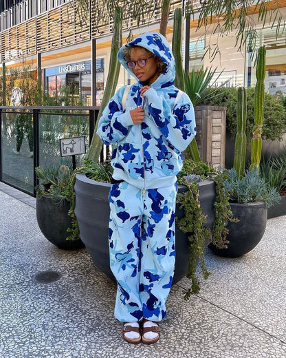 New Loose Straight Ankle-tied Trousers Cross-border American Irregular Pattern Print Hooded Suits Women