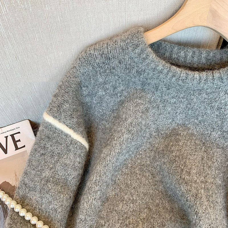 Pull gris à col rond pour femme, haut rétro décontracté, ample, de tempérament