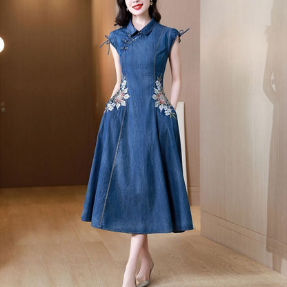 2024 Summer New Cheongsam Modified Version Denim Dress Female Machine Embroidery Retro