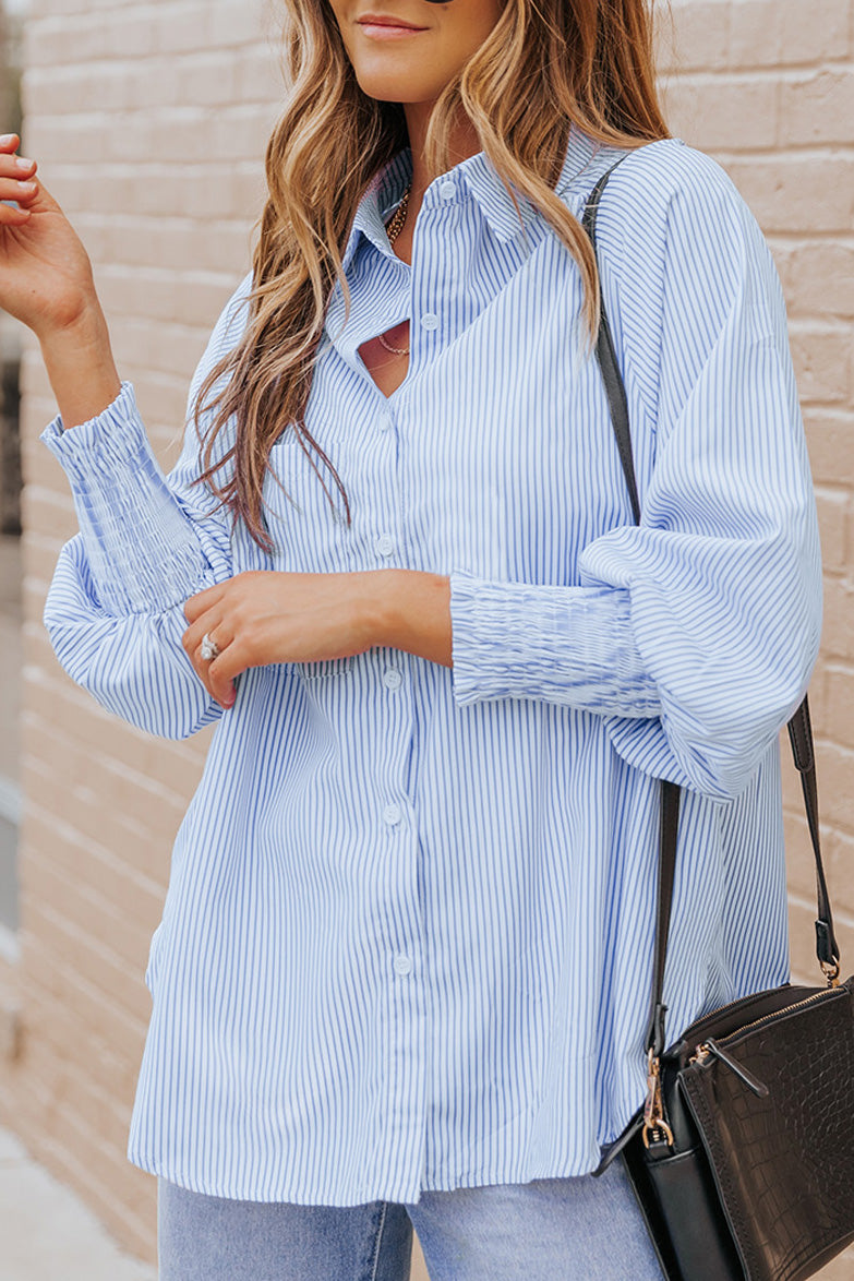 Black Striped Casual Shirred Cuffs Shirt