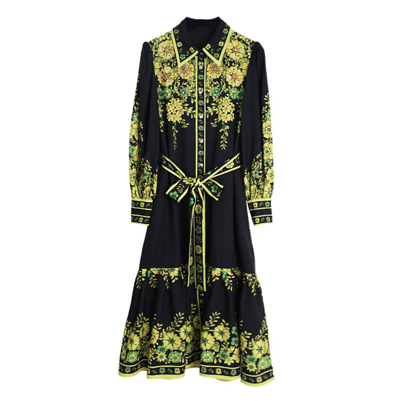 Handmade Beads Rhinestones Floral Printing Series Button Lapel Long Sleeve Dress