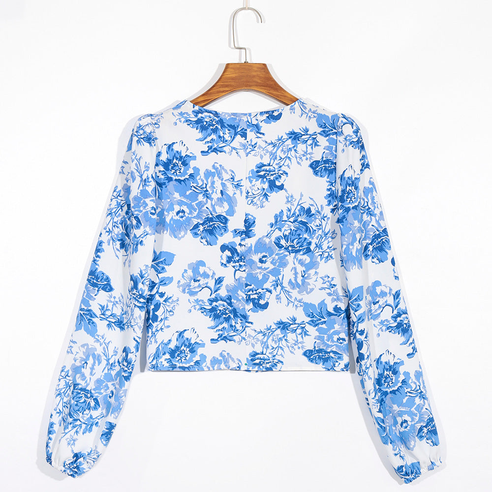 Summer Vacation V-Neck Blue And White Porcelain Print Shirt