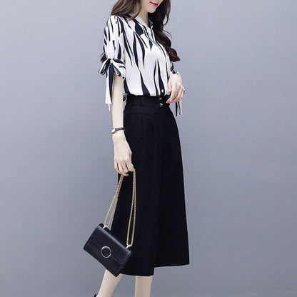 Chiffon shirt plus size thin wide leg pants two-piece suit