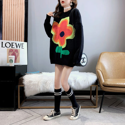 Large Flower Sweater Round Neck Long Sleeve