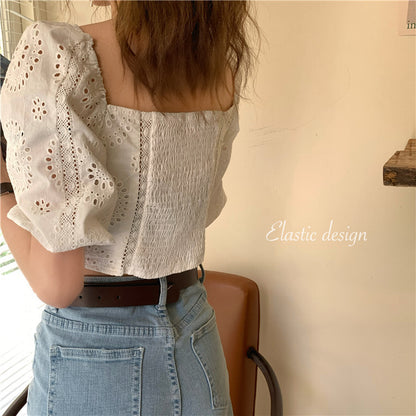 Bubble sleeve short lace top shirt