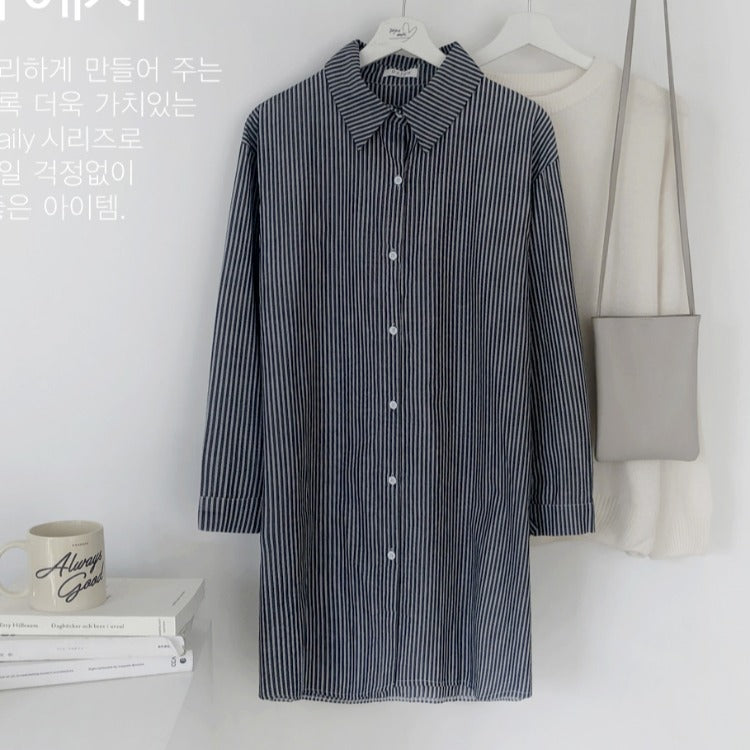 Korean Style Striped Shirt Dress Female Design Sense