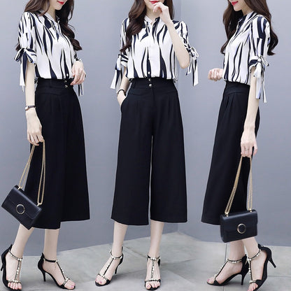 Chiffon shirt plus size thin wide leg pants two-piece suit