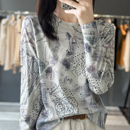 Round Neck Printed Silk Worsted Wool Sweater Pullover