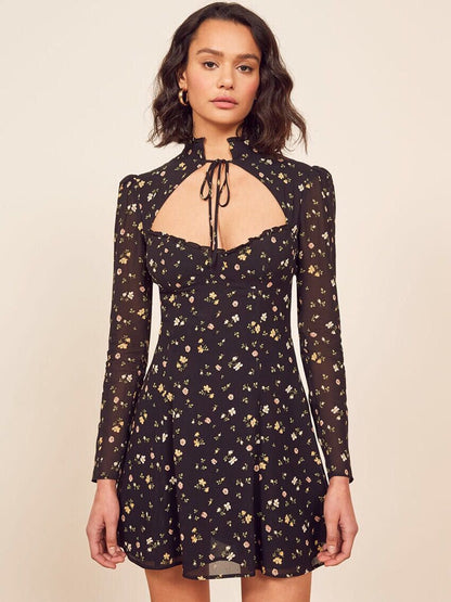 Hollowed-out floral long-sleeved dresses