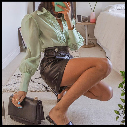 Belle chemise en mousseline de soie et dentelle pour femmes, haut à la mode assorti avec tout, Style banlieue, vert pâle