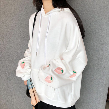 Strawberry Embroidery Sweater Plus Velvet Padded Pullover Hooded Loose