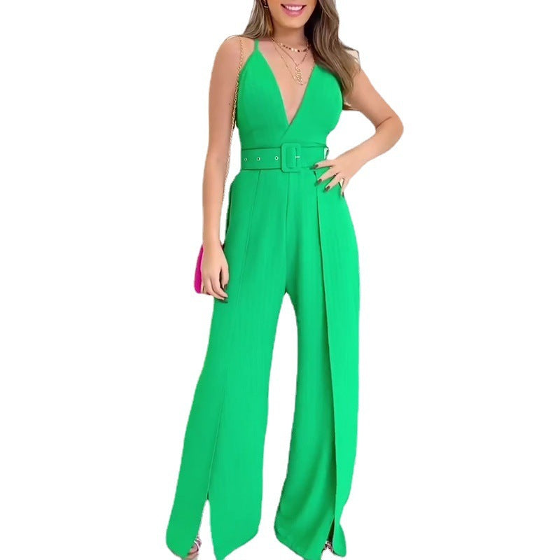 Women's Fashion Casual V-neck Brace High Waist Hem Jumpsuit