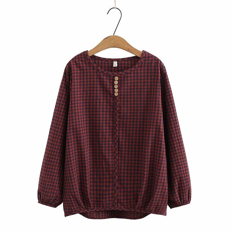 Plus Size Women's Korean Loose Retro Plaid Long Sleeve Bottoming Shirt