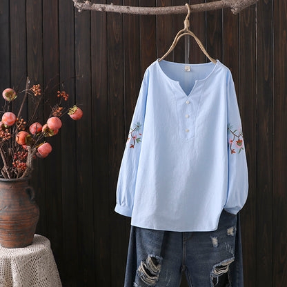 Art V-neck three button sleeve embroidered shirt