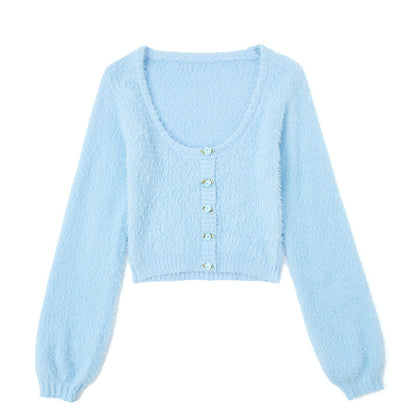 Sweet Fluffy Low Crew Neck Knitted Short Sweater Coat