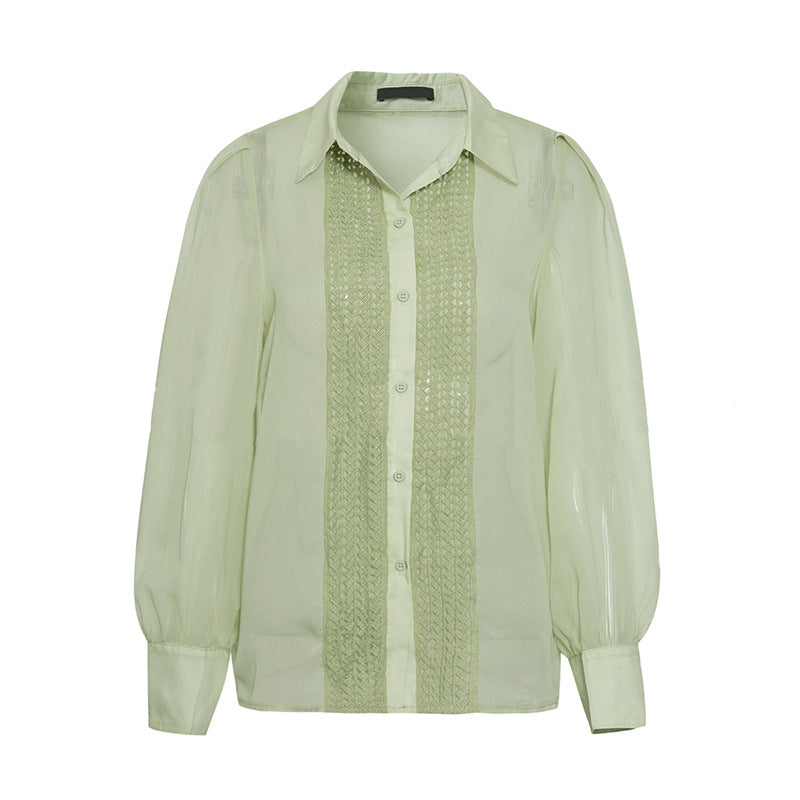 Beautiful Women's Stitching Top Fashion All-match Commuter Style Lace Chiffon Shirt Pale Green