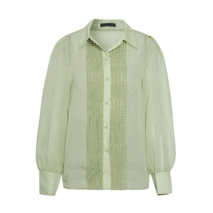 Beautiful Women's Stitching Top Fashion All-match Commuter Style Lace Chiffon Shirt Pale Green