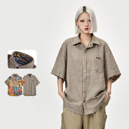 Retro Double-sided Plaid Short-sleeved Shirt Loose Top