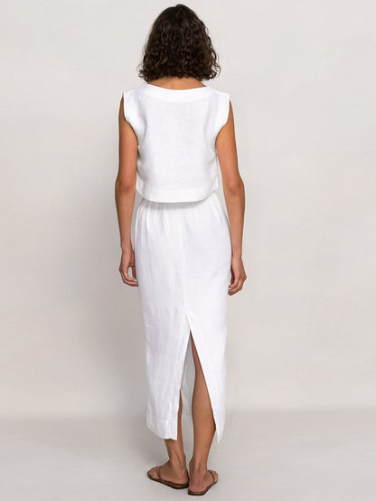 Cotton Sleeveless Top Straight Skirt White Suit