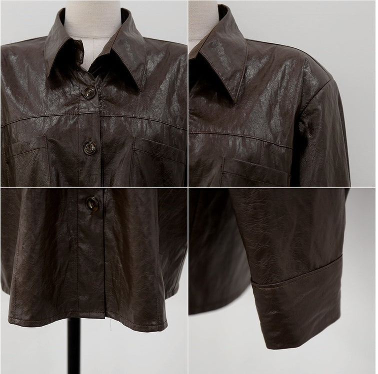 Temperament Design Sense Niche Long-sleeved Leather Shirt Ladies Wear All-match Tops