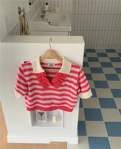 Doll Lapel And Fungus Edge Short Striped Short-sleeved Sweater