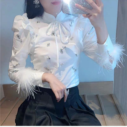 Monochrome Diamond Long Sleeve Stand Collar Shirt