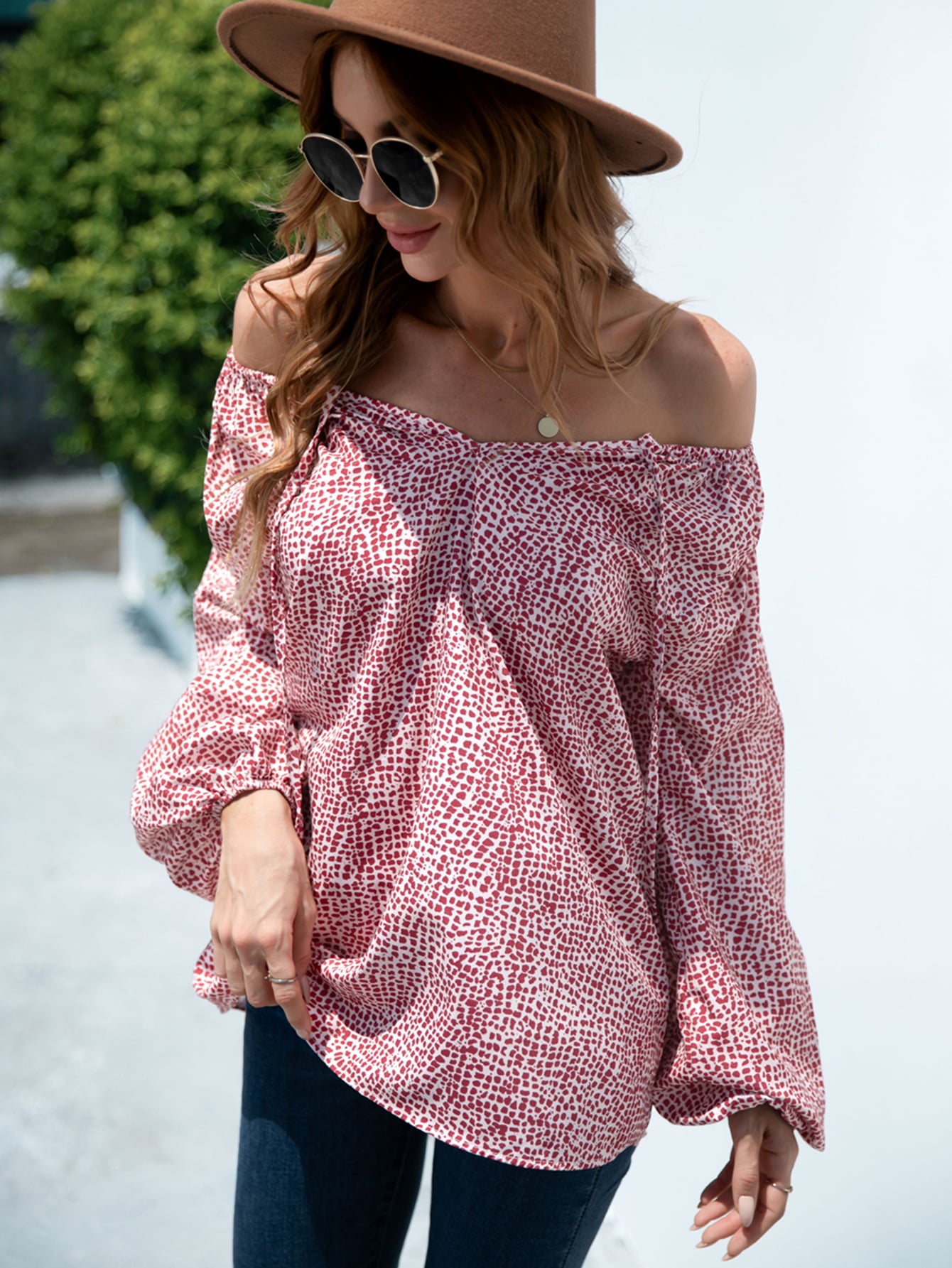 Printed Tie-Neck Balloon Sleeve Blouse