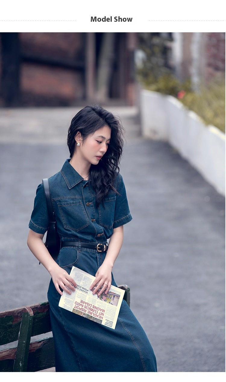 Simple Lapel Short-sleeved Single-breasted Casual Denim Dress Belt