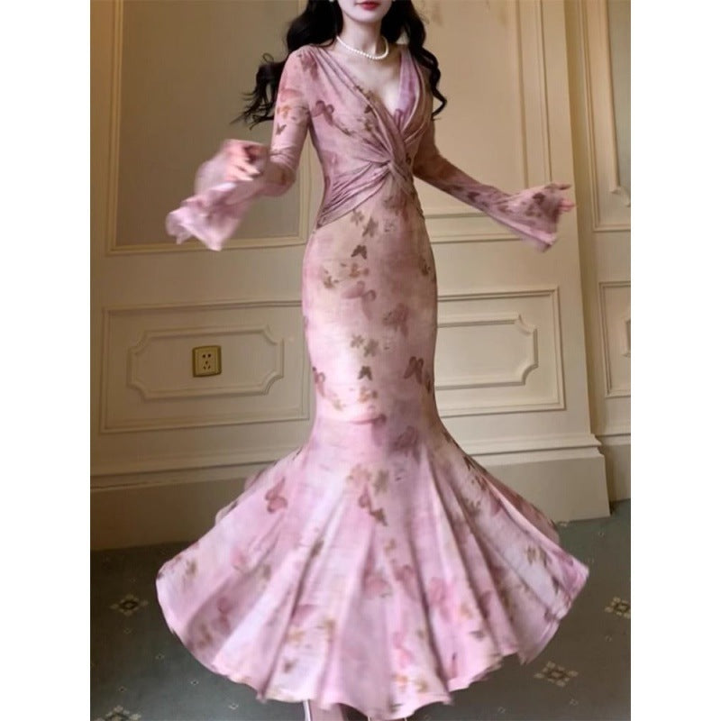 Vestido con estampado de giro francés de principios de primavera