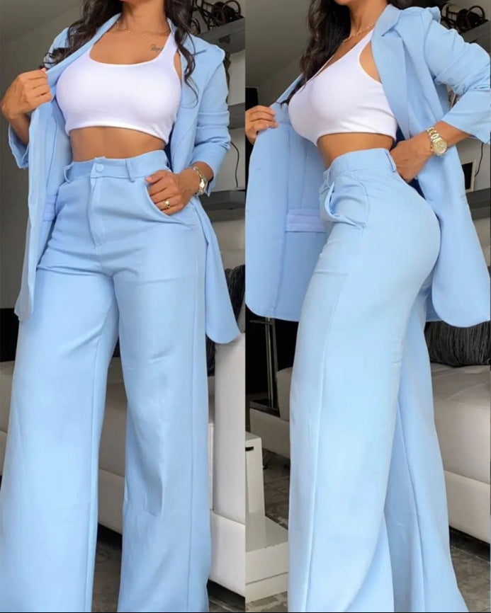 Traje de pantalón de pierna recta con bolsillo de traje de solapa de manga de color liso