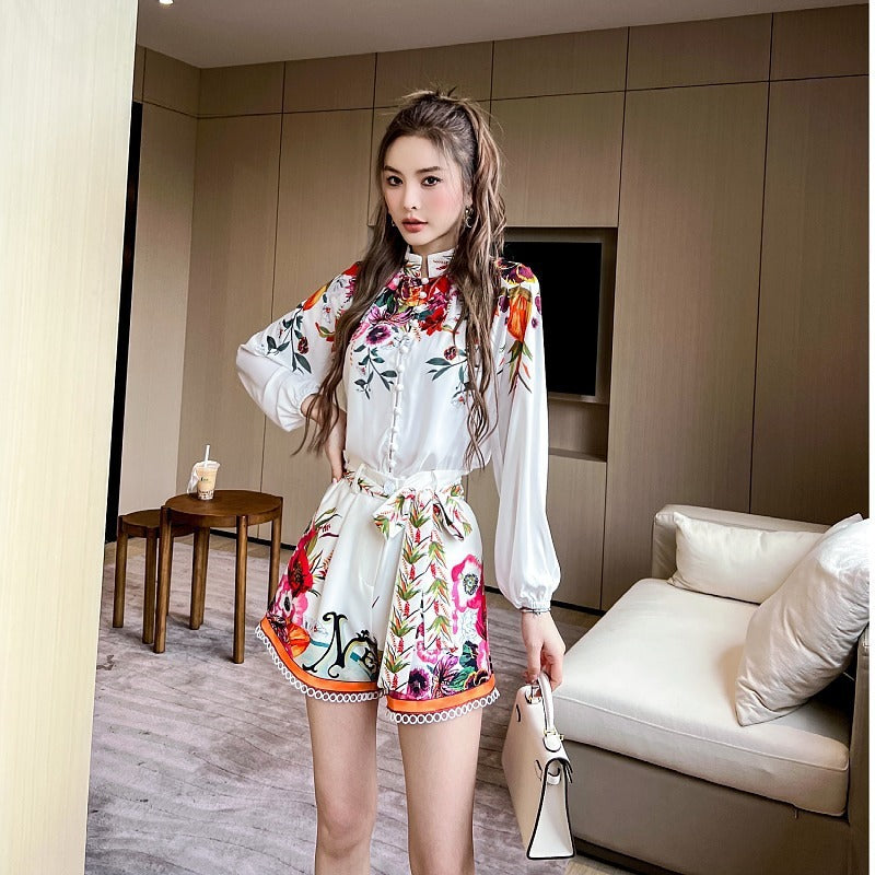 Printed Lantern Sleeve Shirt High Waist Wide Leg Slimming Shorts