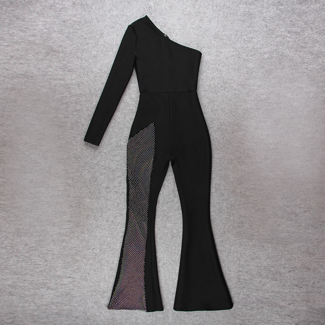 High-waisted One-shoulder Jumpsuit, Hip-covered Mesh Diamond Flared Trousers