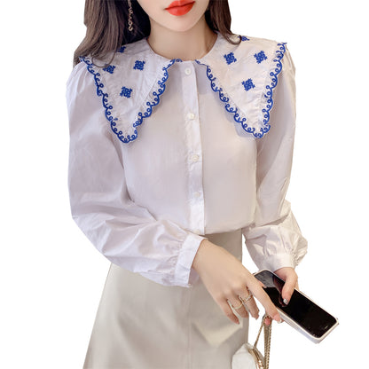 Contrasting Color Doll Collar Shirt Women Autumn And Winter