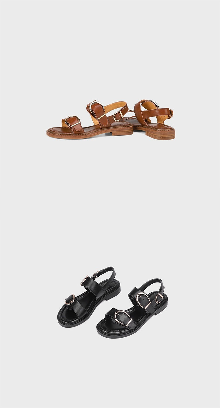 Belt Buckle Ankle-strap Sandals Back Strap Low Heel Chunky Heel Cowhide