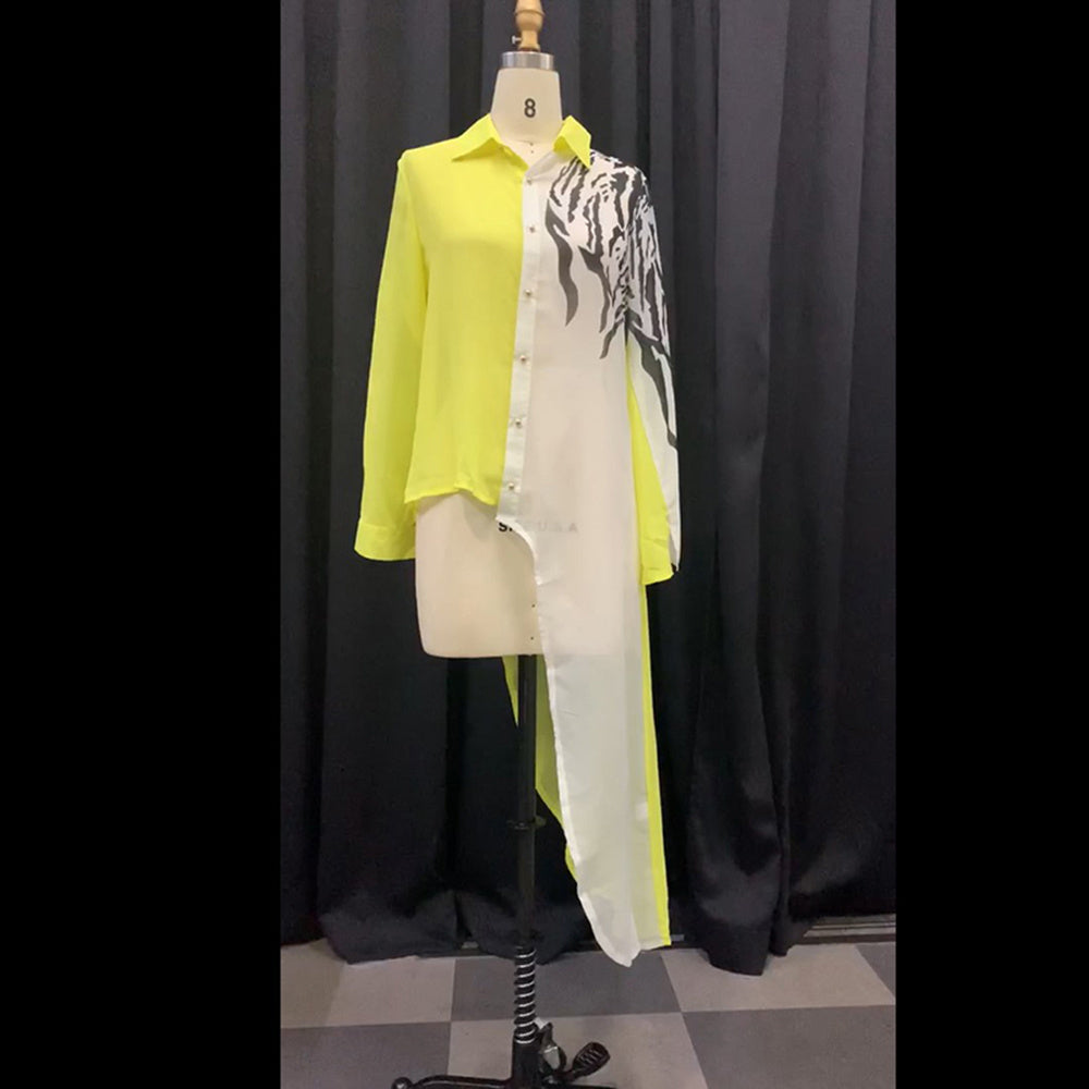 Plus Size Xl Color Block Yellow Asymmetrical Long Sleeve