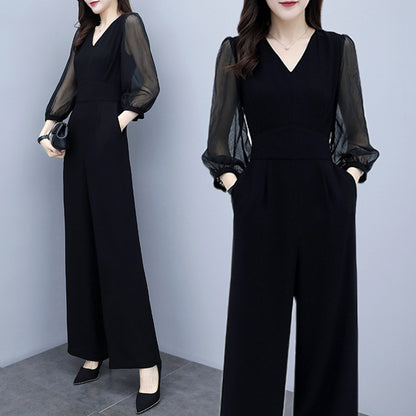 Black Fashion Chiffon Jumpsuit High Waist V Neck