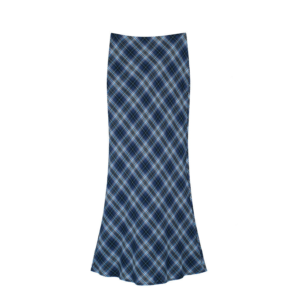 Blue Plaid Skirt Temperament Slim-fit Tall-looking