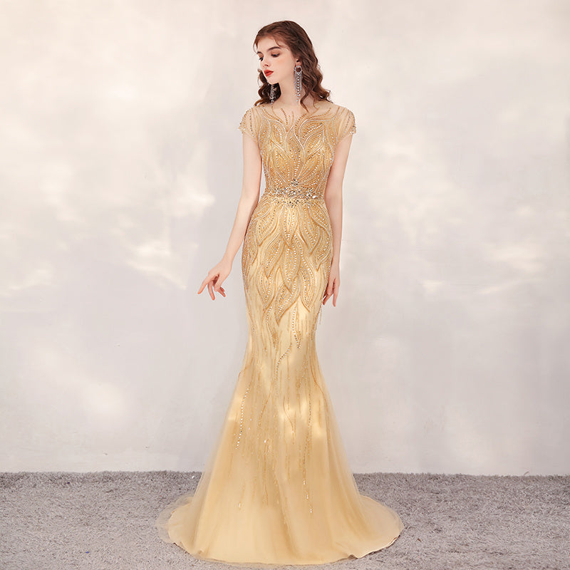 Fishtail Evening Dress Gold & Small Trailing Temperament Host Evening Dress