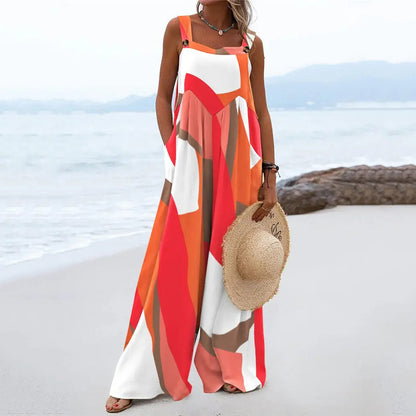 Print Sleeveless Loose Casual Sling Jumpsuit Wide Leg Pants