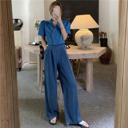 Retro Slim Pleated Suspender Denim One Piece Wide Leg Pants