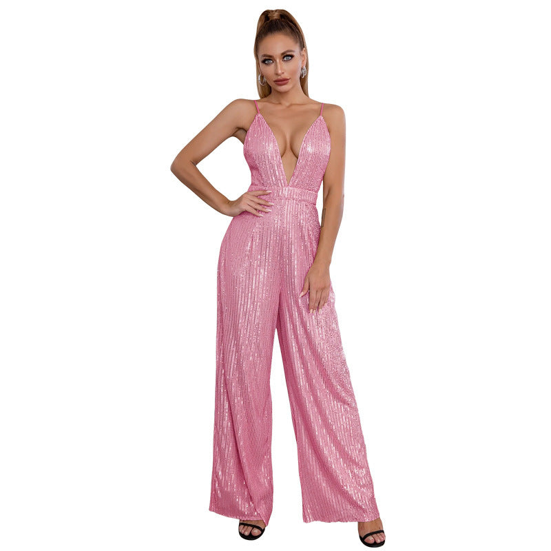 Women's Suspender Sequins Deep V One-piece Suit