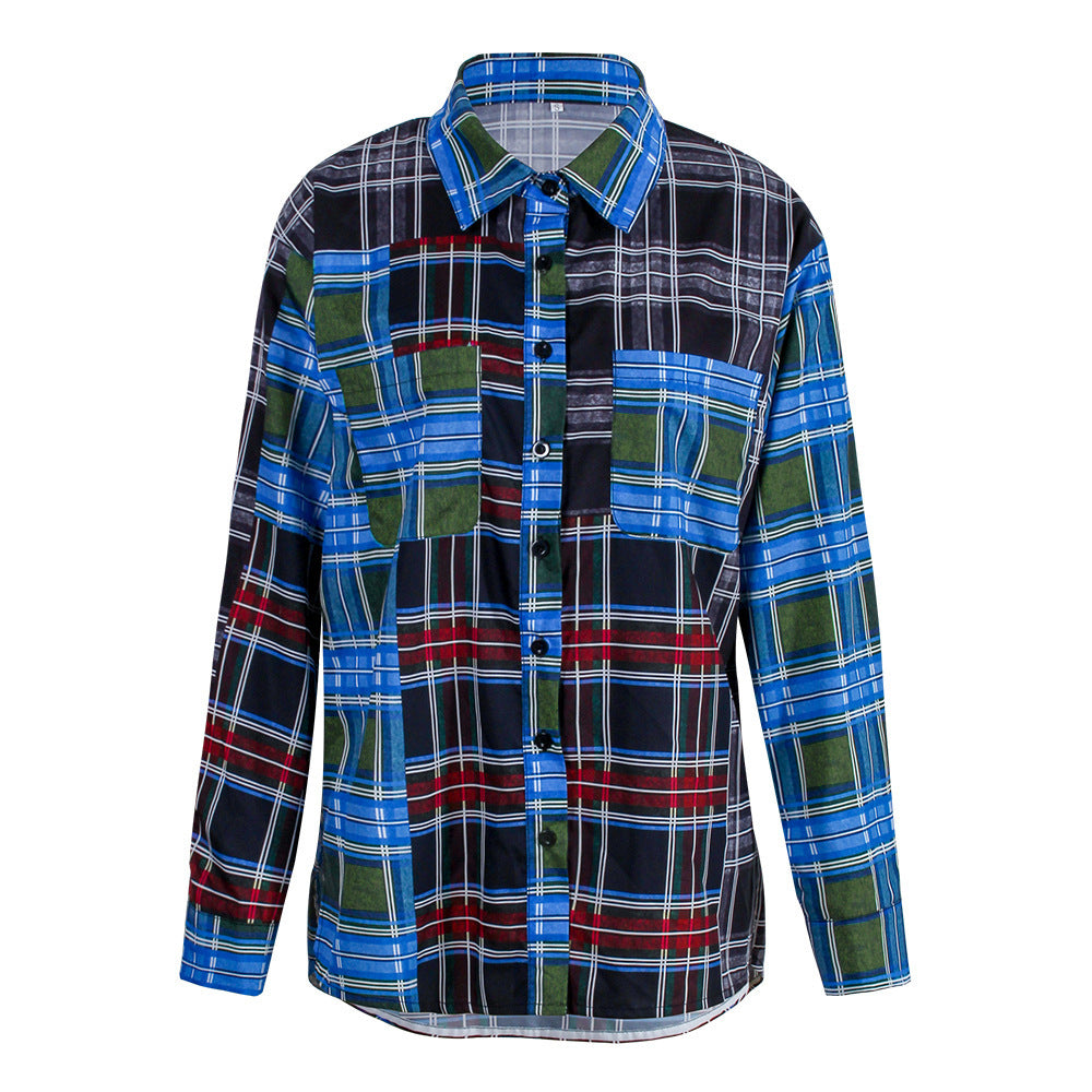 Plaid Contrast Stitching Retro Print Long-Sleeved Shirt