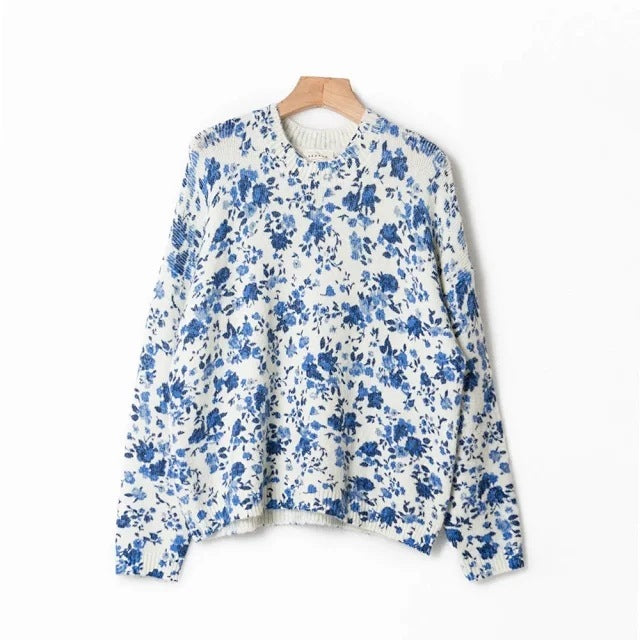 Jersey de mezcla de lana y mohair con estampado floral azul