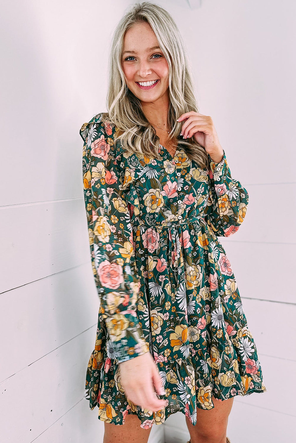 Green Buttoned Bodice Ruffled Floral Dress