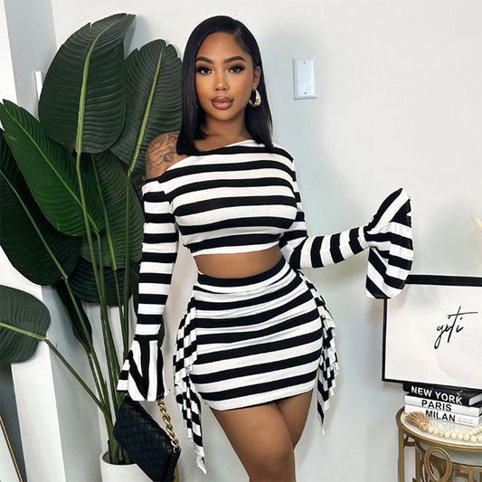 Casual Zebra Prints Cropped Horn Long Sleeve Top Skirt Suit