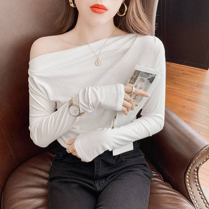 Pleated Collarbone Off-shoulder Shoulder-baring Top Slimming Inspirational Bottoming Shirt