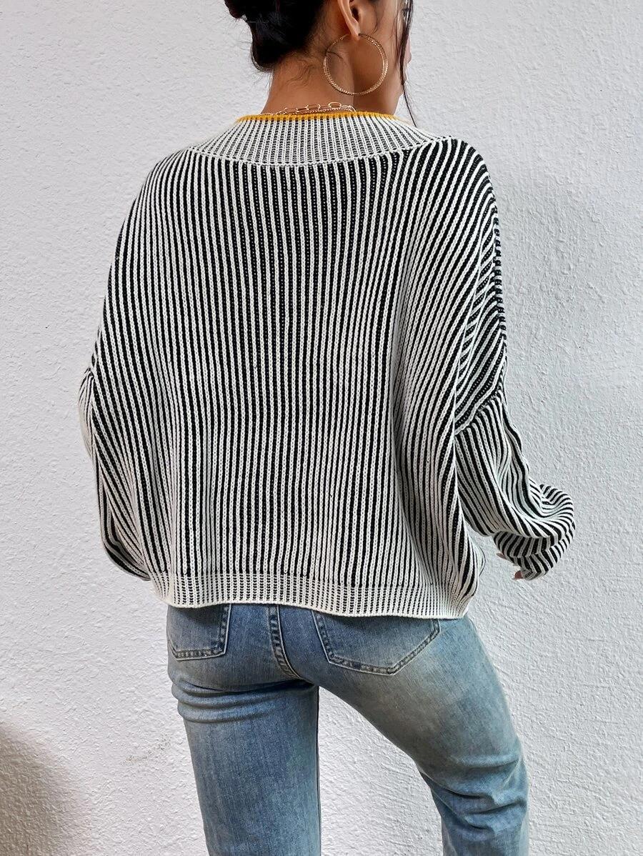 V-neck Loose Slimming Stripes Contrast Color Pullover Knitwear Top