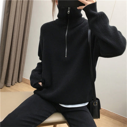 Korean Style Zipper Half-open Collar Lazy Sweater Women