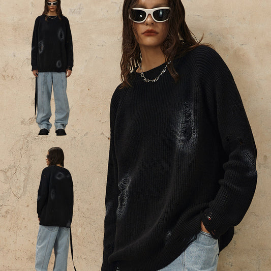 Round Neck Ripped Cool Design Loose Sweater