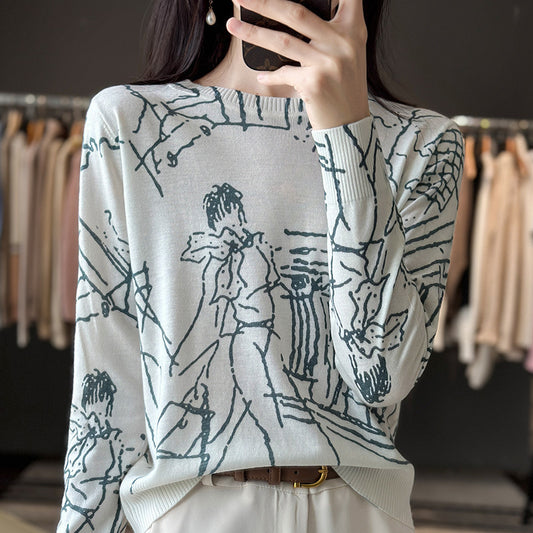 Round Neck Printed Silk Worsted Wool Sweater Pullover